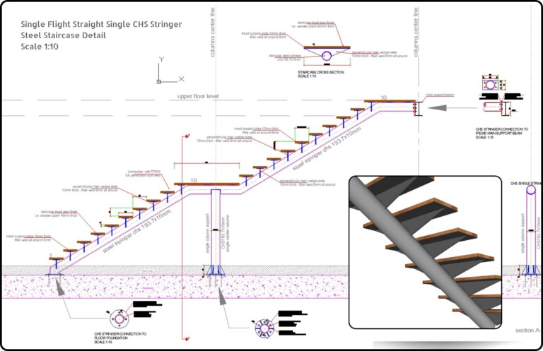 Single Chs Stringer Straight Single Flight Steel Staircase Detail